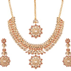 Touchstone gold tone Indian Hollywood Mughal era Kundan look fuchsia color bridal jewelry necklace set