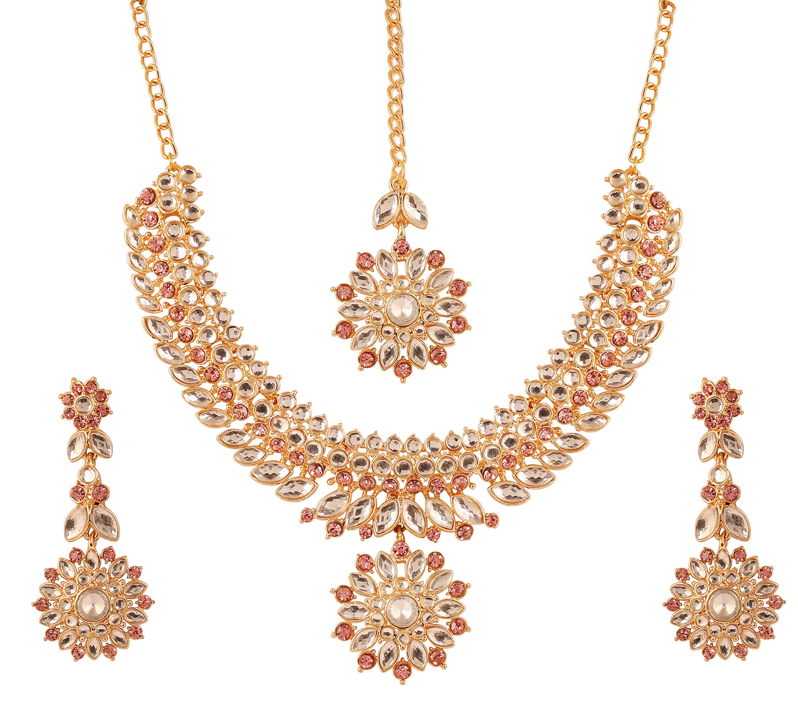 Touchstone gold tone Indian Hollywood Mughal era Kundan look fuchsia color bridal jewelry necklace set