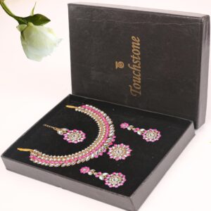 Touchstone gold tone Indian Hollywood Mughal era Kundan look fuchsia color bridal jewelry necklace set