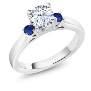 Gem Stone King 925 Sterling Silver White Zirconia and Blue Created Sapphire 3-Stone Engagement Ring For Women (1.76 Cttw, Round 6MM, Gemstone Birthstone, Size 7)