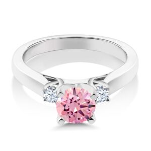 Gem Stone King 925 Sterling Silver Pink Zirconia and White Created Sapphire 3-Stone Engagement Ring For Women (1.60 Cttw, Round 6MM, Gemstone Birthstone, Size 9)