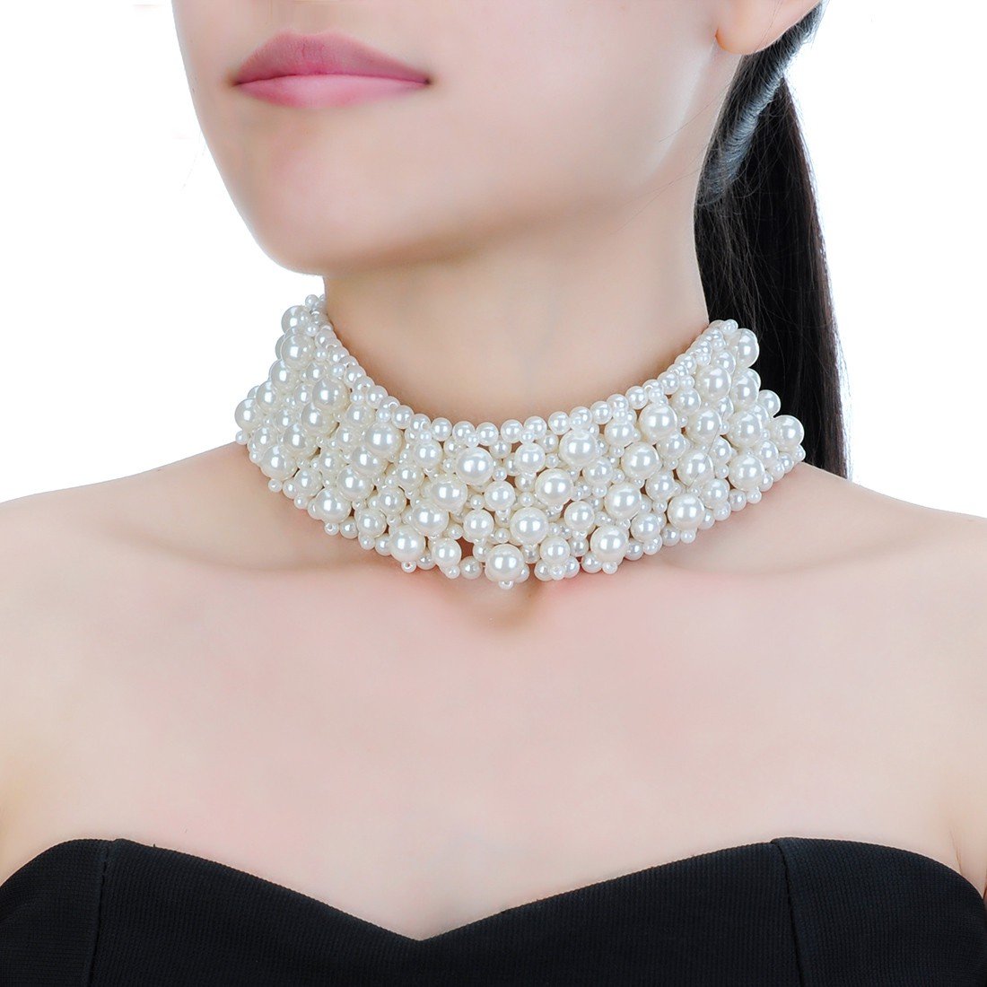 Fashion Multi Strand Simulated Pearl Resin Chain Collar Choker Statement Necklace Costume Jewelry for Women