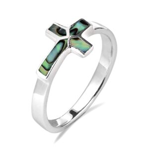 aeravida sideways cross rainbow abalone shell .925 sterling silver ring | classic wedding rings for women | religious ornament silver rings for women | sterling silver rings sizes (8)