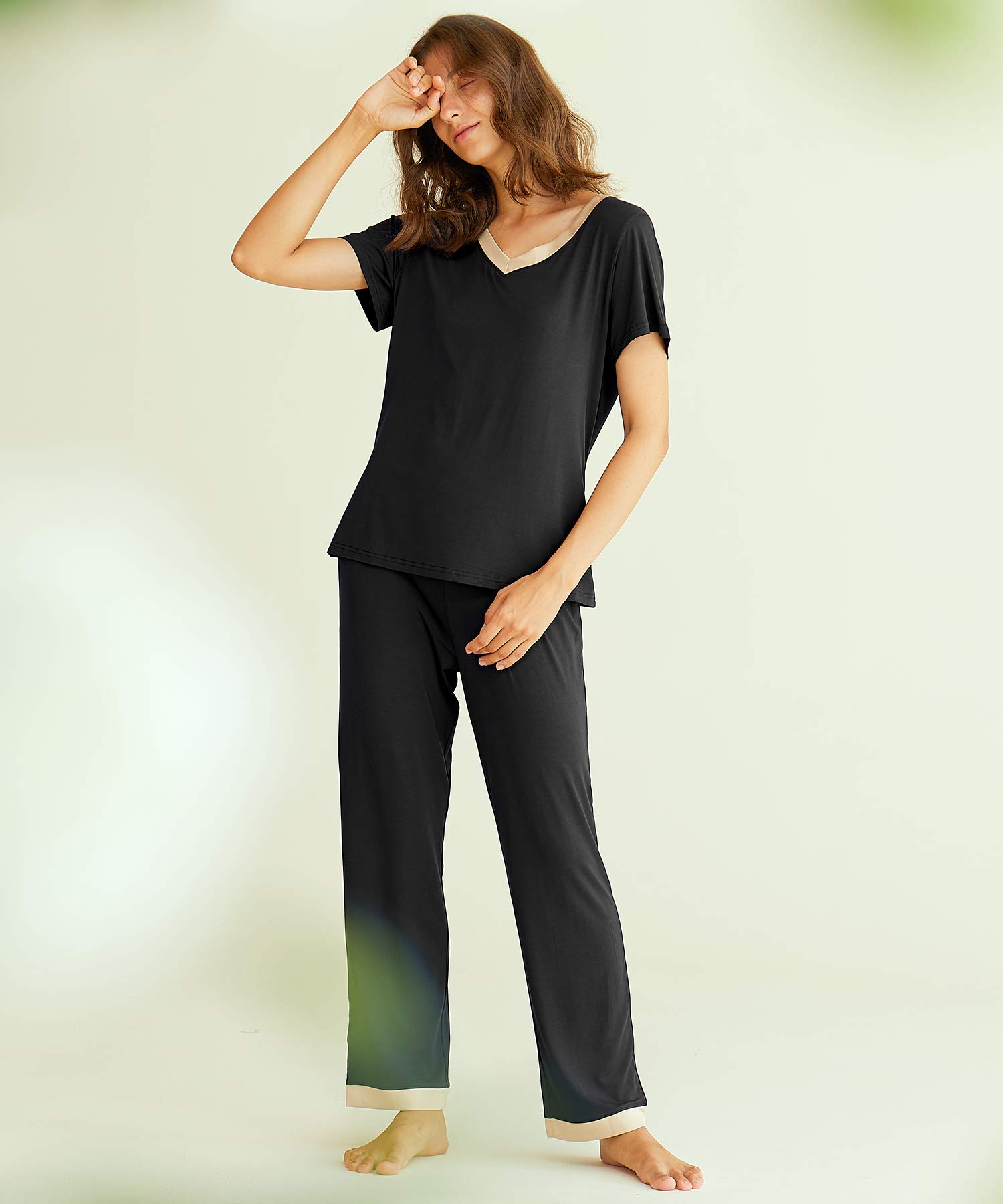 Latuza Women's V-neck Short Sleeves Pajama Set L Black