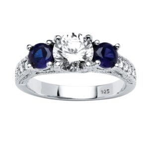 palmbeach jewelry sterling silver round cubic zirconia and round blue simulated sapphires 3-stone bridal ring sizes 6-10 size 7