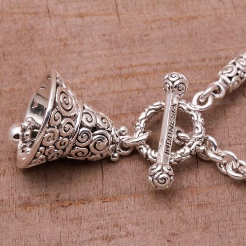 NOVICA Artisan Handmade .925 Sterling Silver Bracelet No Stone Chain Indonesia 'Bell Charm'