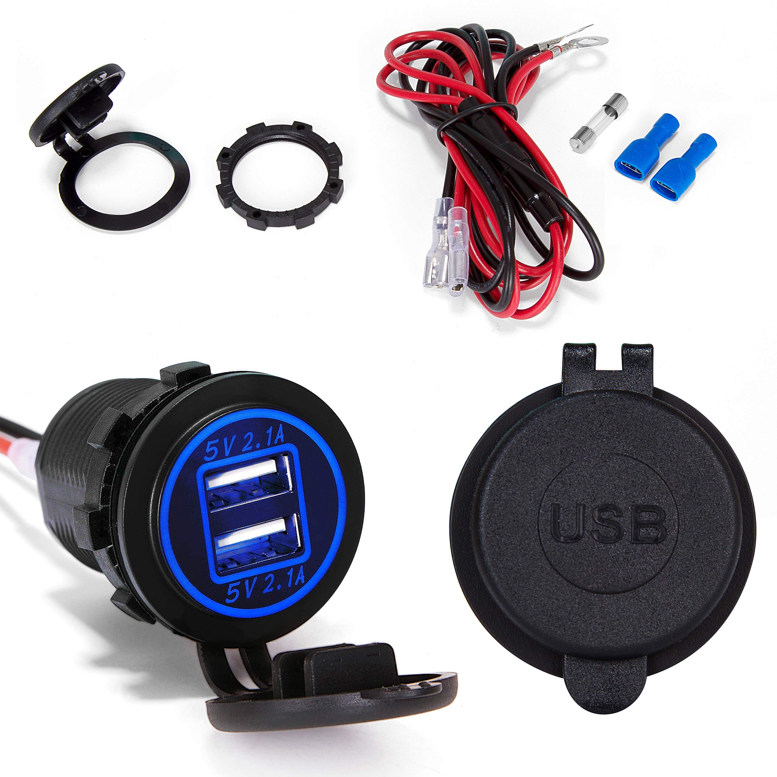 Ginsco Dual USB Charger Socket Power Outlet 2.1A & 2.1A（4.2A） for Car Boat Marine RV Mobile with Wire Fuse DIY Kit Blue LED