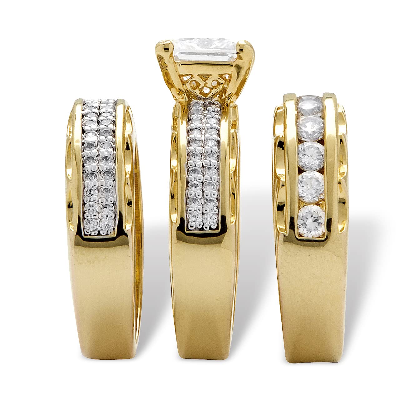 PalmBeach Yellow Gold-Plated or Silvertone Princess Cut and Round Cubic Zirconia 3 Piece Bridal Ring Set Size 7