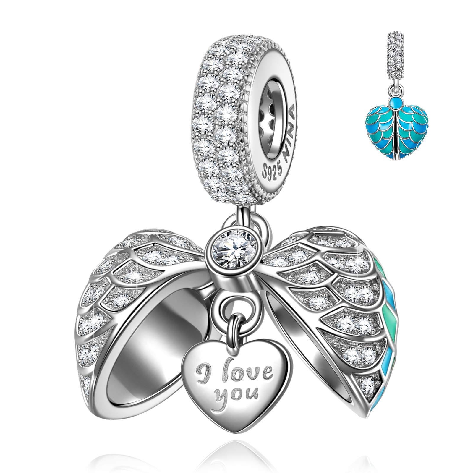 NINAQUEEN Angel Wings Charms Love Heart Anniversary Christmas Gifts 925 Sterling Silver Bead for Women Girls I Love You Forever Compatible with Charms Bracelet and Necklace Wedding Jewelry Box