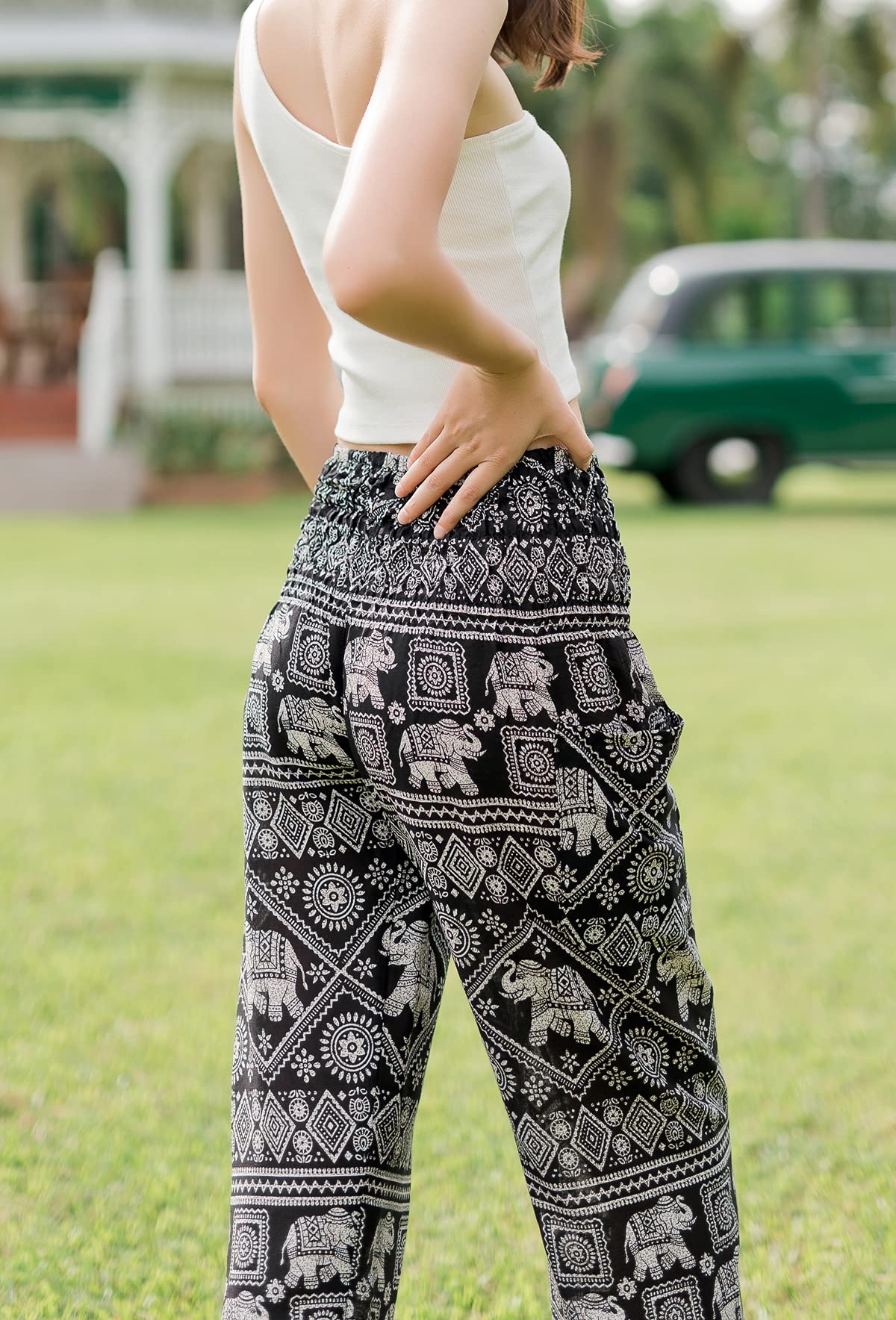 Banjamath® Women's Smocked Waist Harem Hippie Boho Yoga Palazzo Casual Pants (S,Elephant Black)