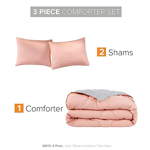 Comfort Spaces Vixie Reversible Comforter Set - Trendy Vibrant Color with Geometric Quilted Cover, Lightweight All Season Down Alternative Cozy Bedding, Sham, Coral/Gray, Full/Queen 3 piece