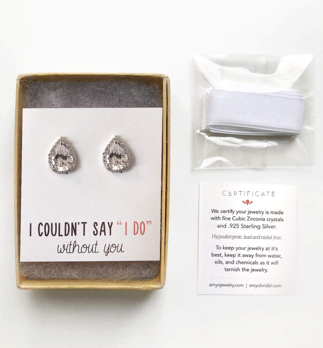 A+O Wedding Bridesmaid Jewelry Gift - Pear Teardrop Stud Earrings in Silver