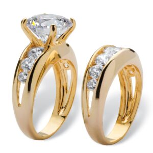 PalmBeach Yellow Gold-Plated or Silvertone Round Cubic Zirconia Channel Set Graduated Bridal Ring Set Size 7