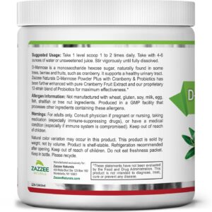 Zazzee D-Mannose Powder Plus, 2000 mg, 67 Servings, Potent & Fast-Acting, Plus 5 Billion CFU Probiotics and Pure Cranberry Juice Extract, Free Scoop, 6.5 Oz, Vegan, Gluten-Free, Non-GMO, All-Natural