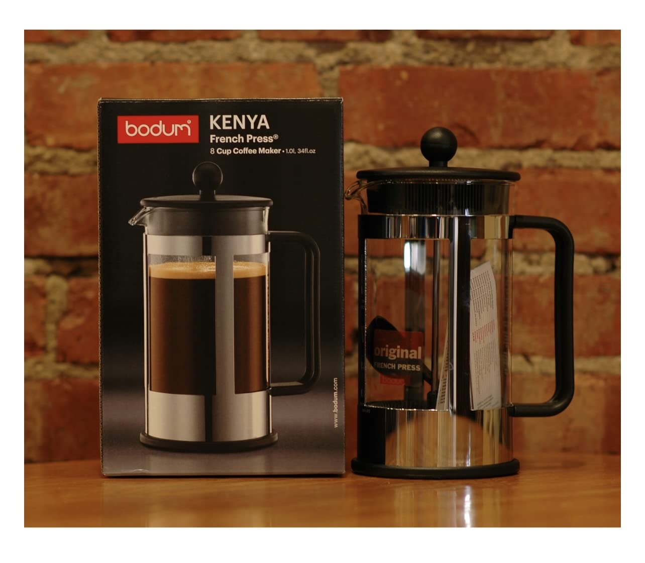 Bodum Kenya 8-Cup French Press Coffee Maker, 34-Ounce, Stainless Steel, Black