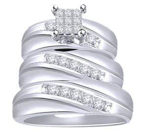 jewel zone us white natural diamond engagement and wedding trio band ring set in 10k solid white gold (0.66 carat)