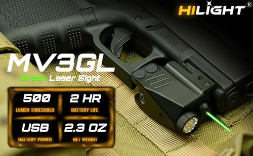 HiLight - Tactical MV3GL, Maverick Series - 500 Lumens Strobe Flashlight & Single (Green) Laser w/Rechargeable USB Battery - Subcompact, Compact Pistol, Handguns & Precision Laser Class of IIIA, 5mW