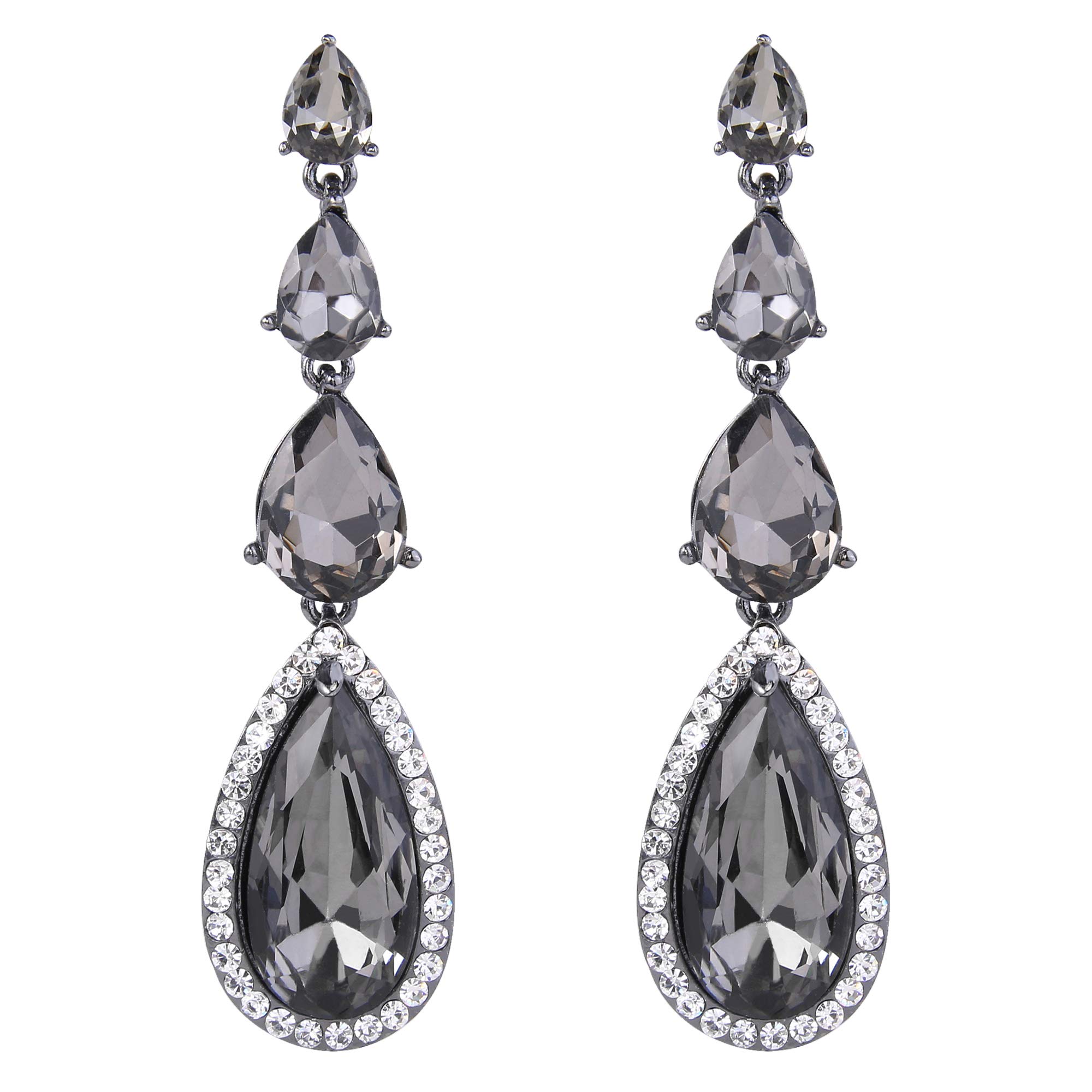 BriLove Wedding Bridal Dangle Earrings for Women Elegant Multi Teardrop Long Chandelier Earrings Grey Black-Silver-Tone