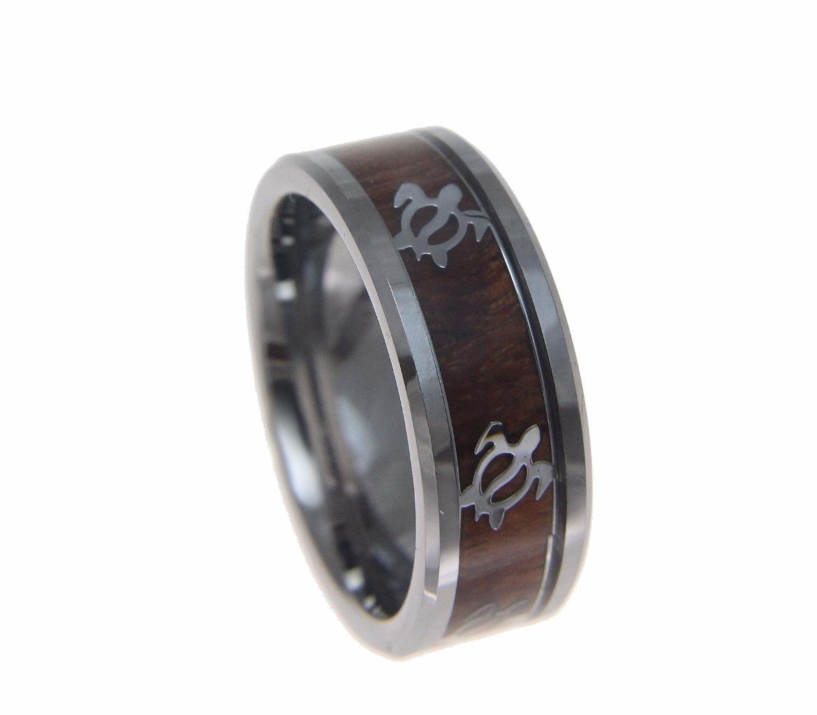 Arthur's Jewelry Genuine inlay Hawaiian koa wood band ring honu turtle tungsten comfort fit 8mm size 8