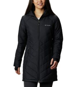 columbia women's heavenly long hooded jacket, black, 1x