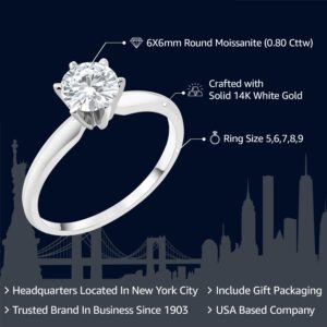 14K White Gold Forever Classic Moissanite from Charles & Colvard Solitaire Engagement Ring For Women (0.80 Cttw, Round 6MM, Available In Size 5,6,7,8,9)