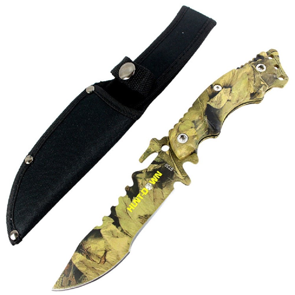 HUNT-DOWN 10" Stainless Steel Full Tang Survival Hunting Knife Camo Handle