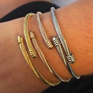 HUANIAN Stainless Steel Triple 3 Stackable Cable Wire Twisted Cuff Bangle Bracelet for Women, Gold/rose/silver