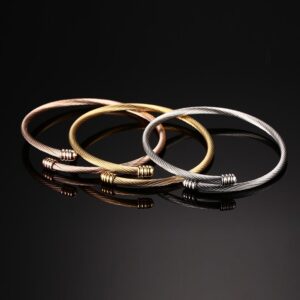 HUANIAN Stainless Steel Triple 3 Stackable Cable Wire Twisted Cuff Bangle Bracelet for Women, Gold/rose/silver