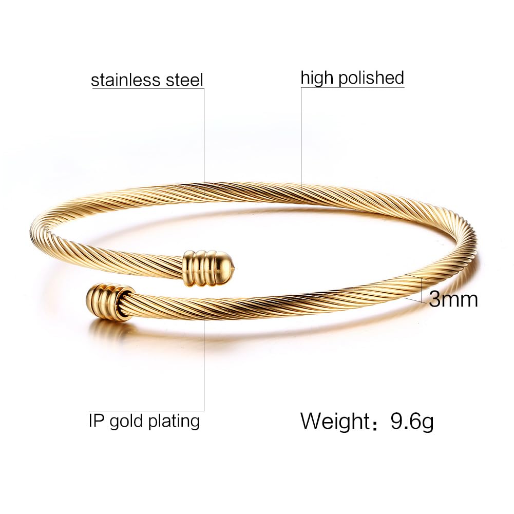 HUANIAN Stainless Steel Triple 3 Stackable Cable Wire Twisted Cuff Bangle Bracelet for Women, Gold/rose/silver