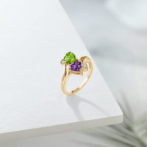 Gem Stone King 18K Yellow Gold Plated Silver Green Peridot and Purple Amethyst Ring For Women (1.51 Cttw, Heart Shape 6MM, Gemstone Birthstone, Available In Size 5, 6, 7, 8, 9)