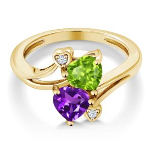 Gem Stone King 18K Yellow Gold Plated Silver Green Peridot and Purple Amethyst Ring For Women (1.51 Cttw, Heart Shape 6MM, Gemstone Birthstone, Available In Size 5, 6, 7, 8, 9)