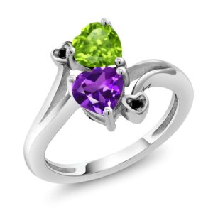 gem stone king 925 sterling silver green peridot purple amethyst and black diamond ring for women (1.51 cttw, heart shape 6mm, gemstone august birthstone, available in size 5, 6, 7, 8, 9)