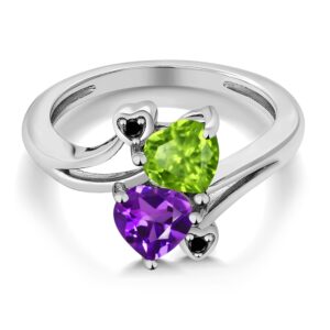 Gem Stone King 925 Sterling Silver Green Peridot Purple Amethyst and Black Diamond Ring For Women (1.51 Cttw, Heart Shape 6MM, Gemstone August Birthstone, Available In Size 5, 6, 7, 8, 9)