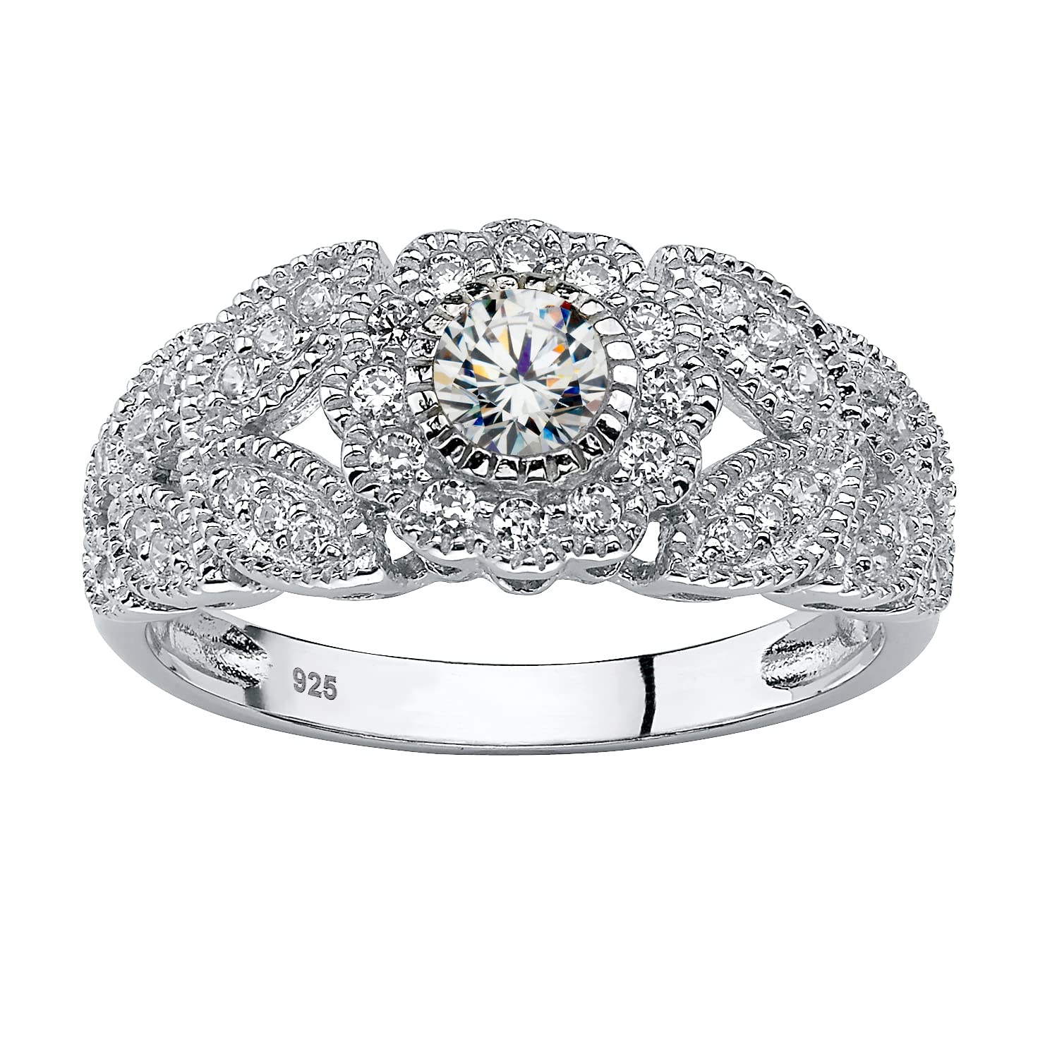 PalmBeach Platinum-plated Sterling Silver Round Cubic Zirconia Flower Miligrain Engagement Ring Sizes 5-10 Size 6