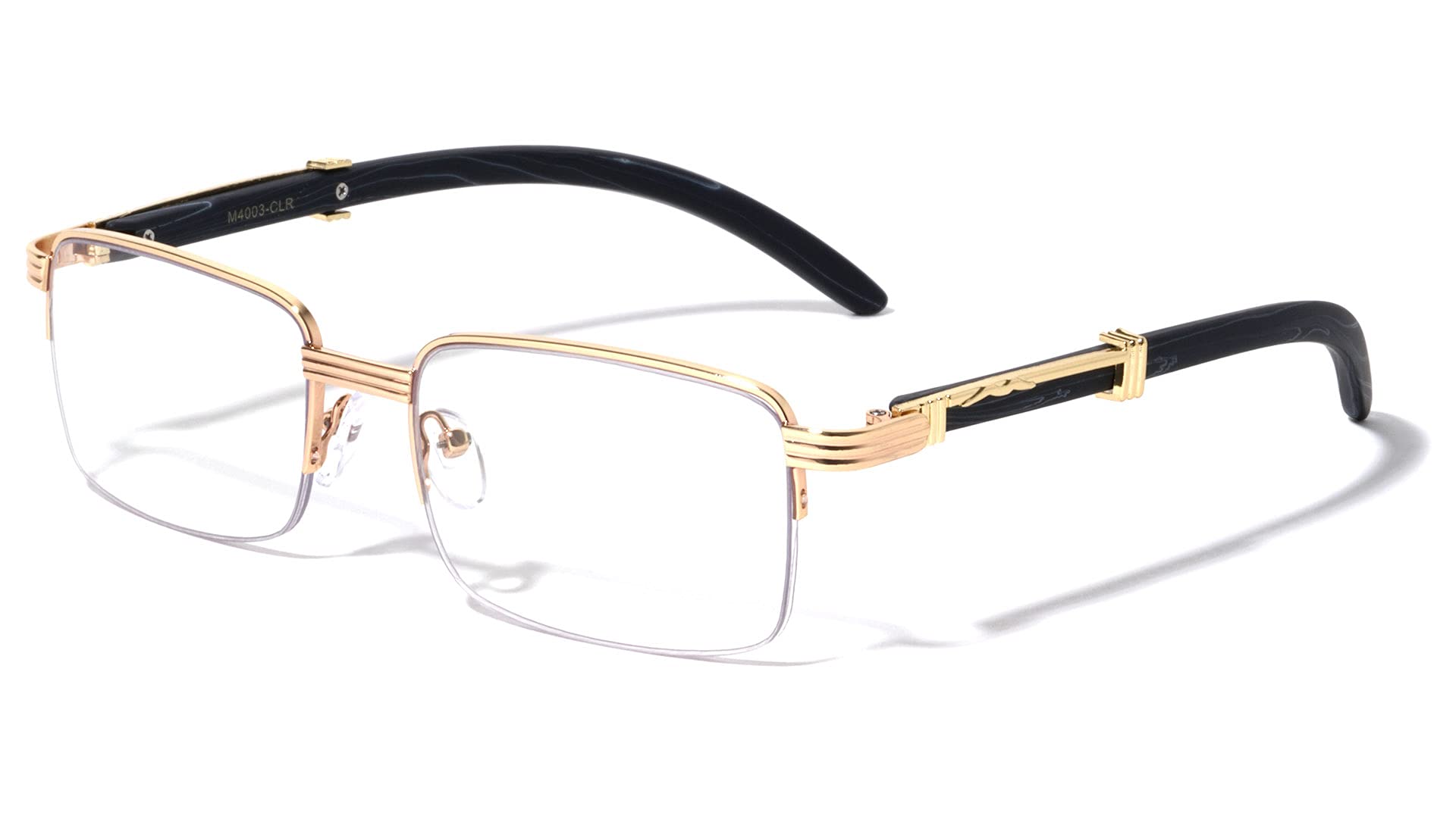 Executive Half Rim Rectangular Metal & Wood Eyeglasses/Clear Lens Sunglasses - Frames (Rose Gold & Black Wood, Clear)