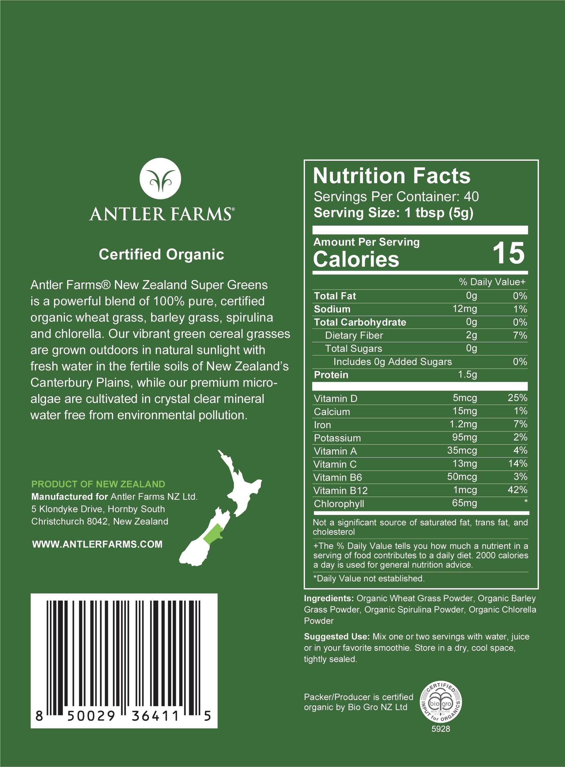 Antler Farms - 100% Pure Organic New Zealand Super Greens Powder, 40 Servings, 200g - Wheat Grass, Barley Grass, Chlorella, Spirulina - Vegan, Gluten Free, Chlorophyll Rich, for Energy and Detox