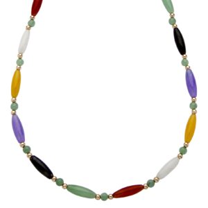 palmbeach 14k yellow gold genuine multicolor jade, beaded and barrel link strand necklace (5mm), fish hook clasp, 18 inches