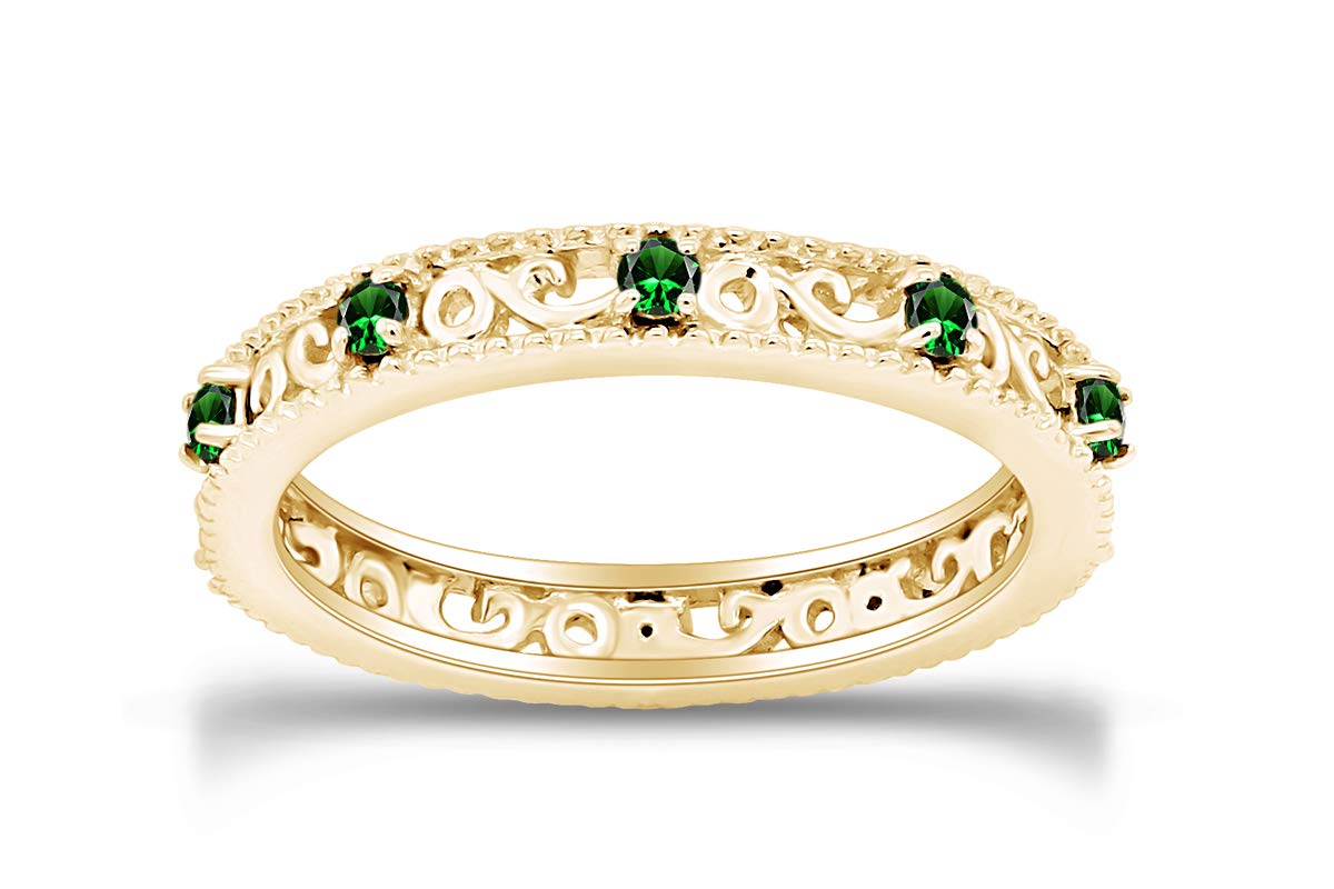 Jewel Zone US Round Cut Simulated Green Emerald Stackable Ring in 14K Yellow Gold Over Sterling Silver