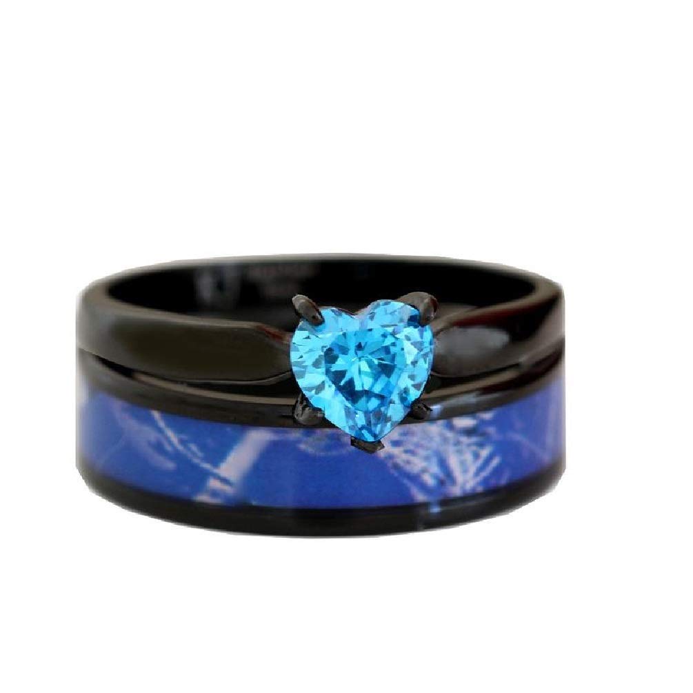 Black Plated Blue Camo Wedding Ring Set - Womens Engagement Rings - Cz Engagement Rings - Bridal Sets Wedding Rings - Cubic zirconia wedding sets - Blue Heart Ring (9)