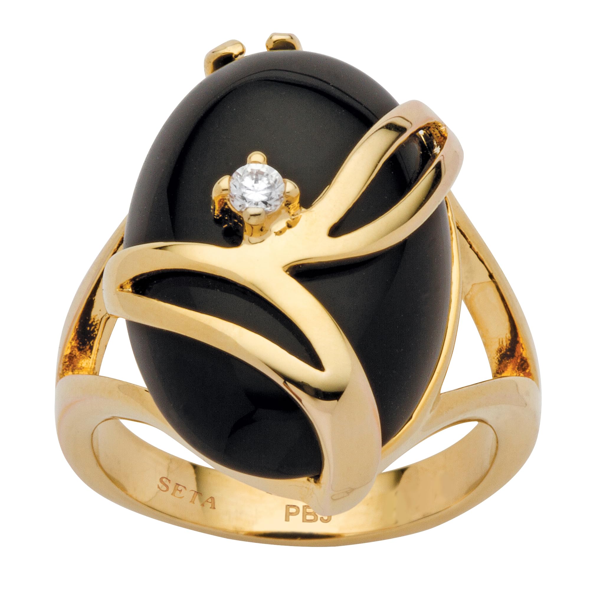 PalmBeach Yellow Gold-Plated or Platinum-Plated Oval Shaped Natural Black Onyx and Round Crystal Ring Size 7