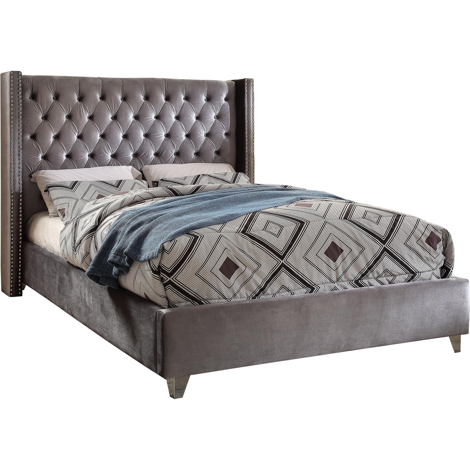 Meridian Furniture Aiden Collection Modern | Contemporary Velvet Upholstered Bed with Deep Button Tufting, Solid Wood Frame, and Custom Chrome Legs, King, Grey