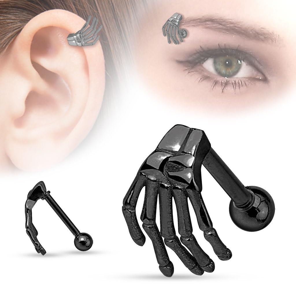 16GA 316L Surgical Steel Skeleton Hand Eyebrow Cartilage Helix Barbell Piercing (Black)