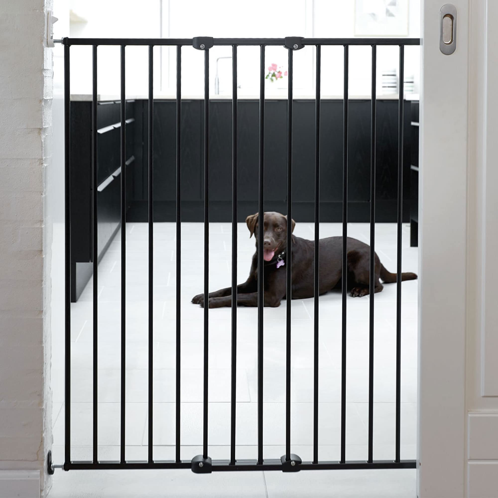 Scandinavian Pet Design Extra Tall 42 Inch Wall Mount Extendable Portable Animal Pet Safety Gate for Large and Small Dogs with Extension Kit, Black