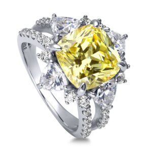 BERRICLE Sterling Silver Halo Canary Yellow Cushion Cut Cubic Zirconia CZ Statement Flower Cocktail Fashion Split Shank Ring for Women, Rhodium Plated Size 7