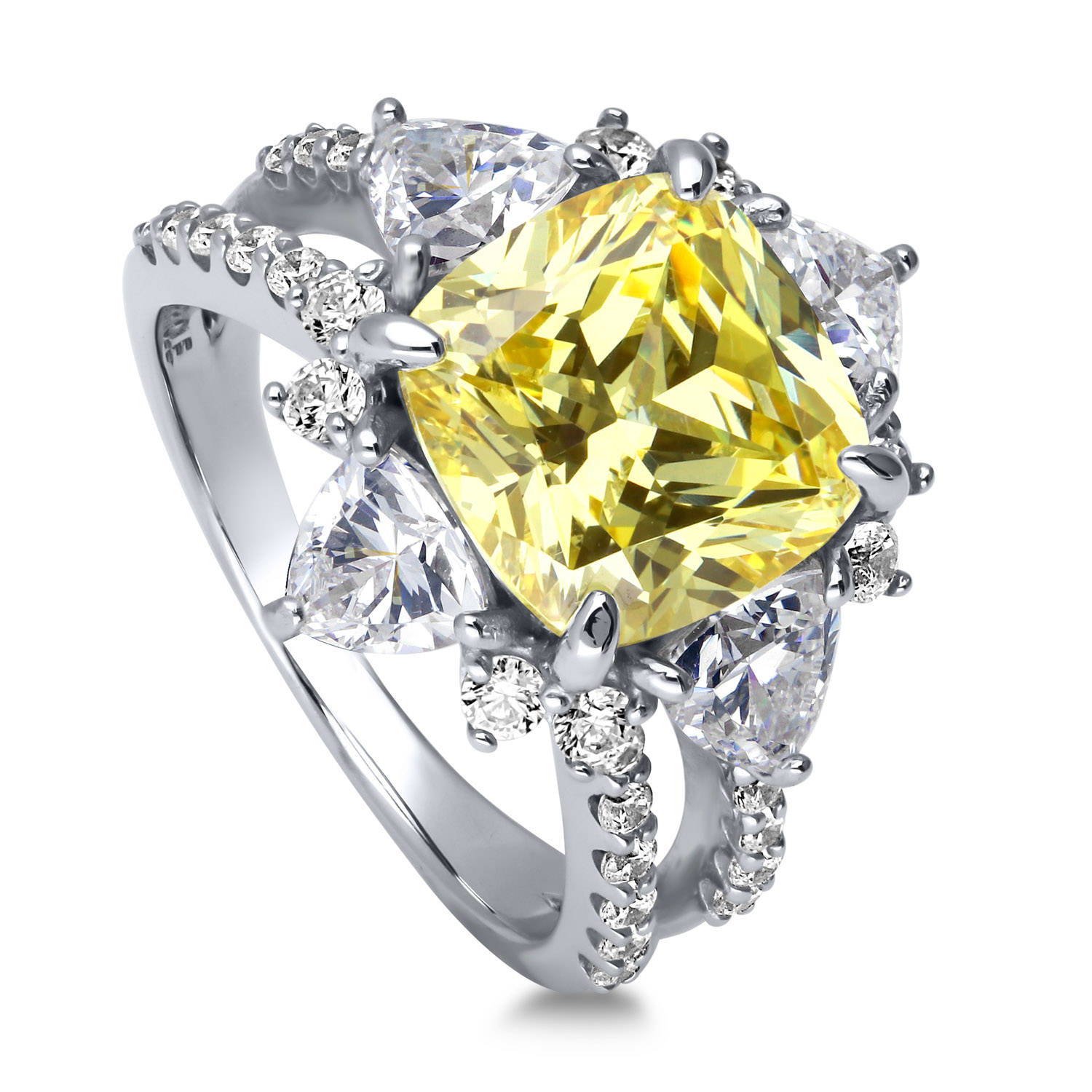 BERRICLE Sterling Silver Halo Canary Yellow Cushion Cut Cubic Zirconia CZ Statement Flower Cocktail Fashion Split Shank Ring for Women, Rhodium Plated Size 7