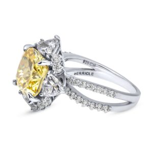 BERRICLE Sterling Silver Halo Canary Yellow Cushion Cut Cubic Zirconia CZ Statement Flower Cocktail Fashion Split Shank Ring for Women, Rhodium Plated Size 7