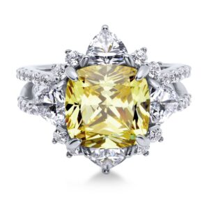 BERRICLE Sterling Silver Halo Canary Yellow Cushion Cut Cubic Zirconia CZ Statement Flower Cocktail Fashion Split Shank Ring for Women, Rhodium Plated Size 7