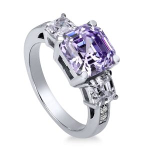 berricle sterling silver 3-stone wedding engagement rings purple asscher cut cubic zirconia cz statement cocktail anniversary ring for women, rhodium plated size 8