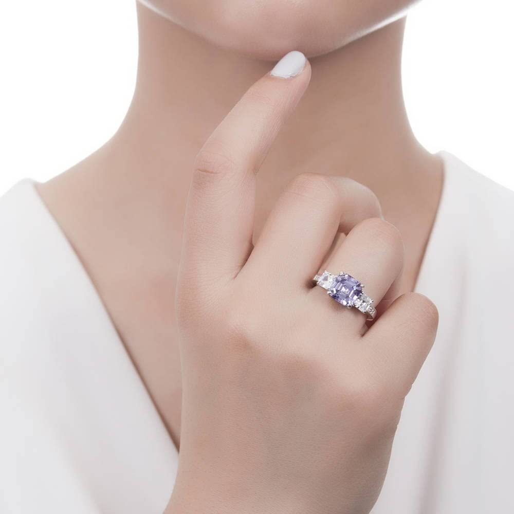 BERRICLE Sterling Silver 3-Stone Wedding Engagement Rings Purple Asscher Cut Cubic Zirconia CZ Statement Cocktail Anniversary Ring for Women, Rhodium Plated Size 8