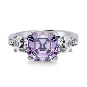 BERRICLE Sterling Silver 3-Stone Wedding Engagement Rings Purple Asscher Cut Cubic Zirconia CZ Statement Cocktail Anniversary Ring for Women, Rhodium Plated Size 8